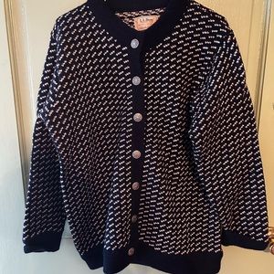 L.L. Bean Vtg Wool Mens blue white Cardigan Sweater silver buttons Norwa…